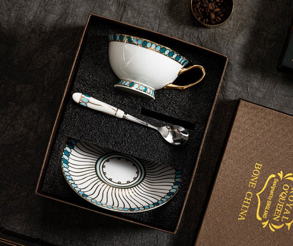 Unique Tea Cup and Saucer in Gift Box, 8 oz British Ceramic Coffee Cups, Porcelain Tea Cup Set for Office, Green Ceramic Cups-HomePaintingDecor
