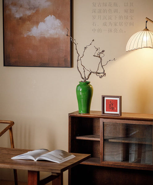 Vintage Flower Vases on Table, Handmade Water Holding Flower Vase, Centerpiece Ceramic Bud Vases, Green Porcelain Flower Vases-HomePaintingDecor