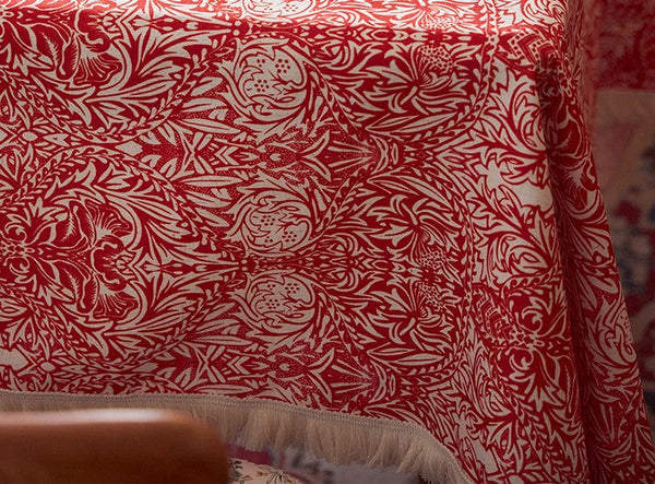 Large Fiberflax Rectangle Tablecloth for Home Decoration, Red Flower Pattern Tablecloth for Holiday Decoration, Square Tablecloth for Round Table-HomePaintingDecor