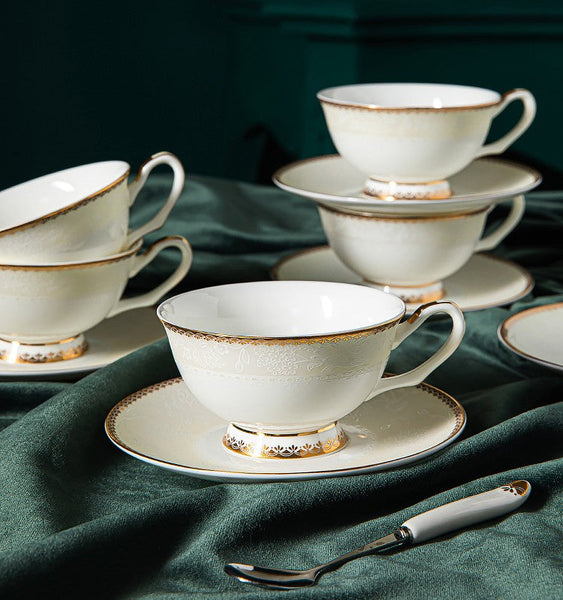 Elegant British Ceramic Coffee Cups, 7.8 oz Porcelain Coffee Cup Set, White Ceramic Cups, Unique Tea Cup and Saucer in Gift Box-HomePaintingDecor