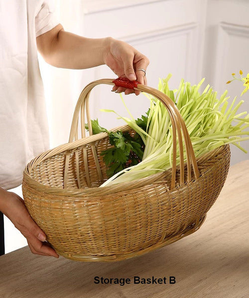 Natural Hand-woven Bamboo Basket, Extra Large Picnic Food Basket with Handle, Lovely Bamboo Baskets for Vegetable, Natural Fruit Basket Kitchen Storage Baskets-HomePaintingDecor