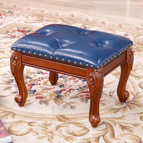 Vanity Stool, Genuine Leather Solid Wood Entry Bench, Solid Wood Ottoman, Rubberwood Entry Bench, Vintage Entry Stool-HomePaintingDecor
