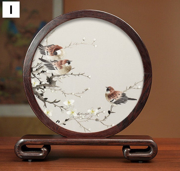 Flower and Birds Silk Embroidery Ornaments, Exclusive Business Presents, Creative Birthday Gift, Premium Souvenir, Traditional Chinese Suzhou Silk Embroidery-HomePaintingDecor