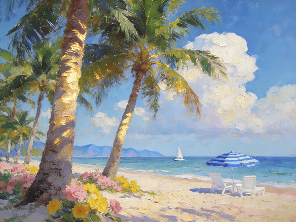 Small Landscape Paintings, Sunlit Tropical Shore, Flowers, Lounge Chairs and Calm Seas, On Canvas Small Paintings, Original Wall Art Paintings, Original Artwork Small Paintings, Impasto Artwork, Small Wall Paintings-HomePaintingDecor