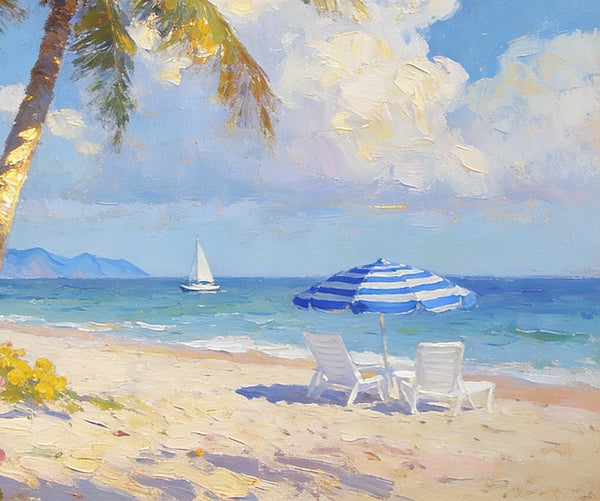 Small Landscape Paintings, Sunlit Tropical Shore, Flowers, Lounge Chairs and Calm Seas, On Canvas Small Paintings, Original Wall Art Paintings, Original Artwork Small Paintings, Impasto Artwork, Small Wall Paintings-HomePaintingDecor