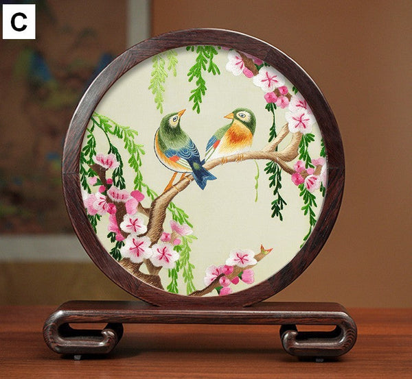 Premium Souvenir, Creative Birthday Gift, Elegant Silk Embroidery Ornaments, Traditional Chinese Suzhou Flower and Birds Silk Embroidery, Exclusive Business Presents-HomePaintingDecor