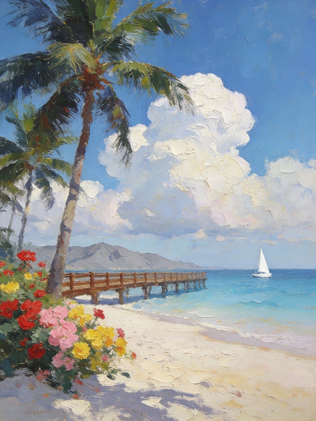 Landscape Canvas Paintings, A Coastal Scene with Blossoms and Blue Waters, Original Artwork Small Paintings, Hand Painted Canvas Art, On Canvas Small Paintings, Palette Knife Artwork-HomePaintingDecor