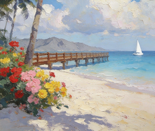 Landscape Canvas Paintings, A Coastal Scene with Blossoms and Blue Waters, Original Artwork Small Paintings, Hand Painted Canvas Art, On Canvas Small Paintings, Palette Knife Artwork-HomePaintingDecor