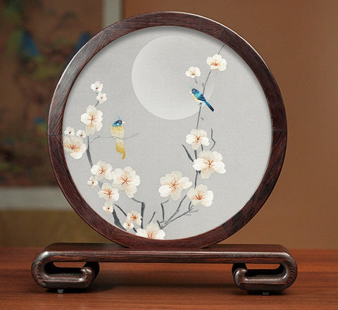 Premium Souvenir, Creative Birthday Gift, Elegant Silk Embroidery Ornaments, Traditional Chinese Suzhou Flower and Birds Silk Embroidery, Exclusive Business Presents-HomePaintingDecor