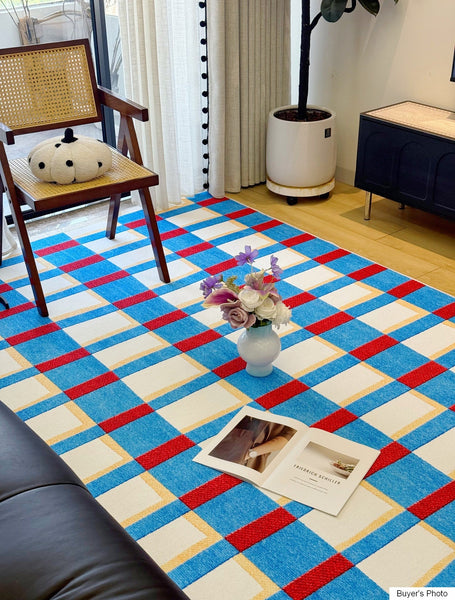 Mid Century Modern Rugs, Blue Geometric Contemporary Rugs, Modern Living Room Rug Ideas, Contemporary Abstract Rugs for Dining Room-HomePaintingDecor