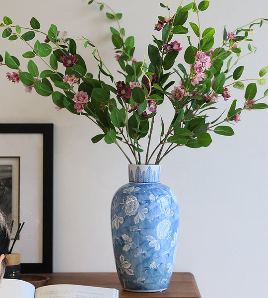 Centerpiece Ceramic Bouquet Vases, Handmade Modern Flower Vase, Large Flower Vases on Dining Table, Blue Porcelain Flower Vases-HomePaintingDecor