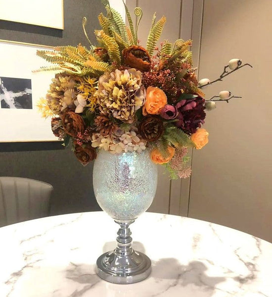 Modern Artificial Floral Arrangement for Bedroom, Large Bunch of Autumn Flowers Arrangement Interior Design, Peony Faux Silk Floral Bouquet Table Centerpiece-HomePaintingDecor