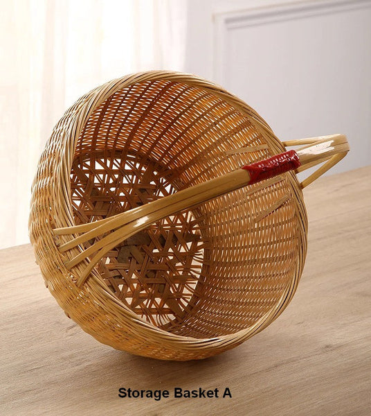Natural Hand-woven Bamboo Basket, Extra Large Picnic Food Basket with Handle, Lovely Bamboo Baskets for Vegetable, Natural Fruit Basket Kitchen Storage Baskets-HomePaintingDecor