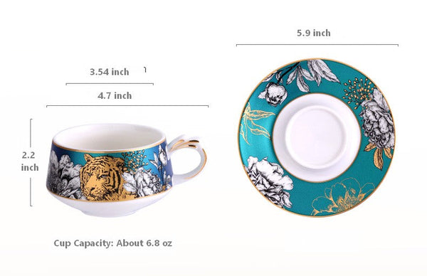 Unique Ceramic Cups with Gold Trim and Gift Box, Creative Ceramic Tea Cup and Saucer, Jungle Tiger Cheetah Porcelain Coffee Cups-HomePaintingDecor