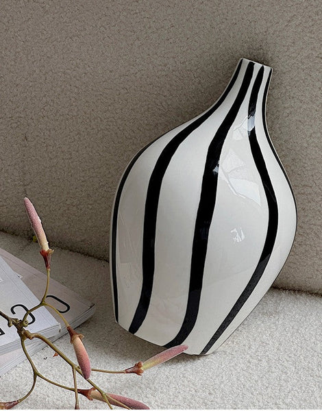 Water Holding Flower Vases, Black and White Striped Ceramic Vase, Porcelain Flower Vases, Modern Flower Vases on Table-HomePaintingDecor