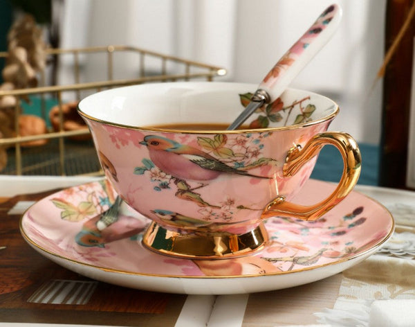 Unique Tea Cup and Saucer in Gift Box, Lovely Birds Ceramic Cups, 8 oz Ceramic Coffee Cups, Afternoon Porcelain Tea Cup Set-HomePaintingDecor