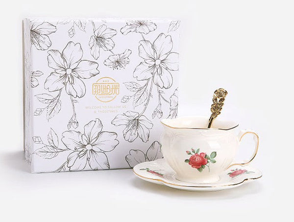 British Royal Ceramic Cups for Traditional Afternoon Tea, 7.4 oz Ceramic Coffee Cups, Rose Porcelain Tea Cup Saucer Set, 6.8 oz Tea Cup and Saucer in Gift Box-HomePaintingDecor