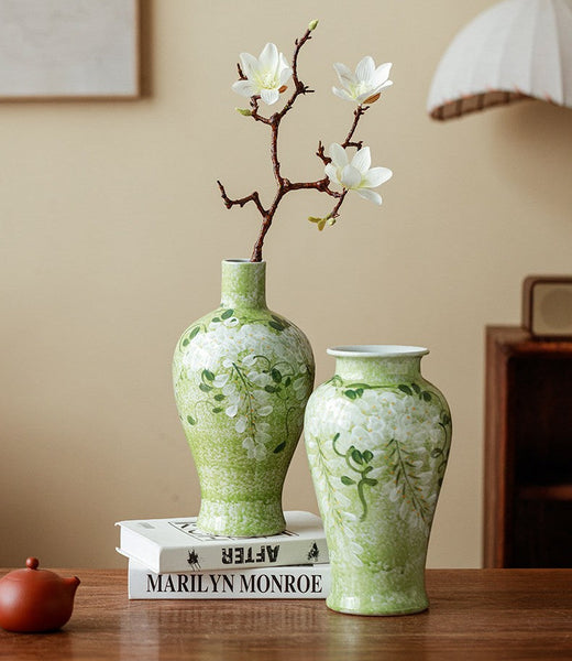 Large Flower Vases on Table, Green Porcelain Flower Vases, Centerpiece Ceramic Bud Vases, Handmade Water Holding Flower Vase-HomePaintingDecor