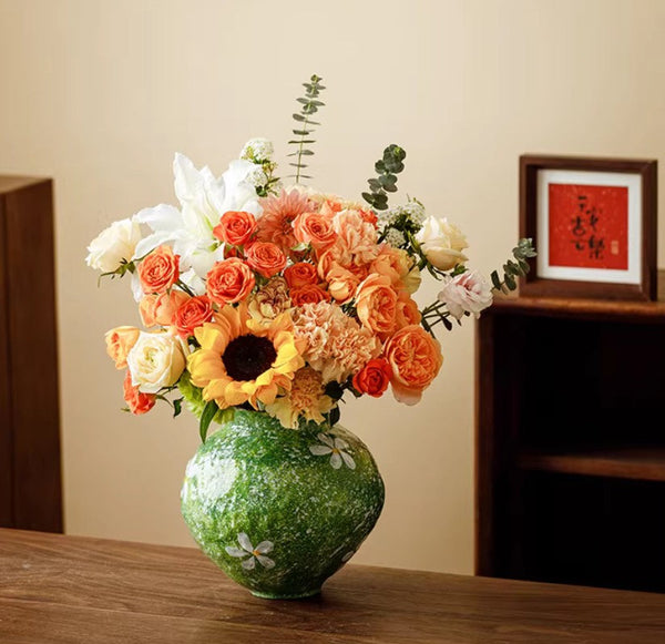 Modern Pottery Flower Vases, Centerpiece on Dining Table, Handmade Water Holding Flower Vases, Pottery Bud Vases, Large Green Flower Vases on Table-HomePaintingDecor