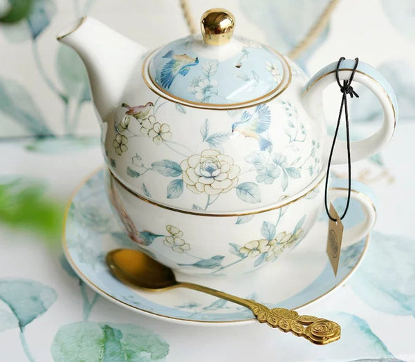 Stackable Teapot and Cup Set, Ceramic Tea Pot with Integrated Cup, Porcelain Teapot with Matching Cup and Saucer in Gift Box, Mother-and-Baby Teapot with Matching Saucer-HomePaintingDecor
