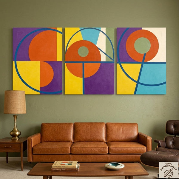 Geometric Pattern Contemporary Artwork, Abstract Paintings for Mid Century Modern Living Room, Multi Panel Canvas Art