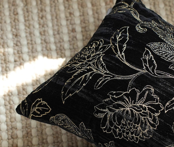 Contemporary Modern Sofa Pillows, Black Embroidery Flower Pattern Pillows for Couch, Decorative Throw Pillows for Bedroom, Large Modern Sofa Pillow for Dining Room-HomePaintingDecor