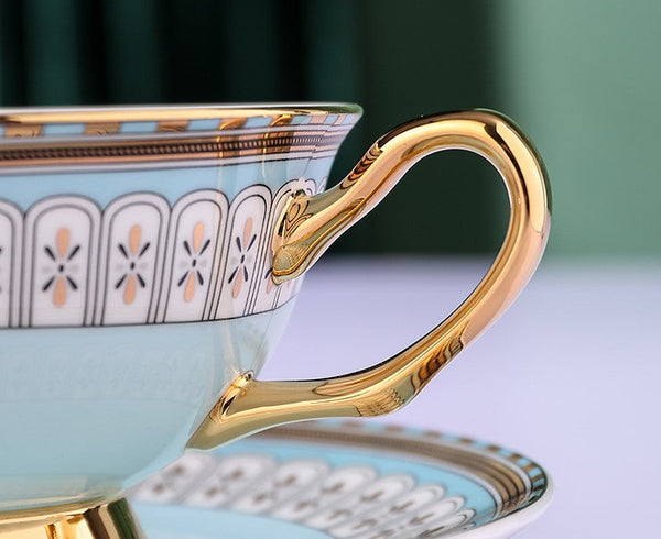 Royal Blue and Pink Bone China Porcelain Tea Cup Set, Tea Cups and Saucers in Gift Box, Elegant Ceramic Coffee Cups, Beautiful British Tea Cups-HomePaintingDecor