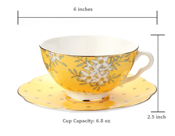 Creative Yellow Ceramic Coffee Cups, Unique Flower Coffee Cup and Saucer, Beautiful British Tea Cups, Creative Porcelain Tea Cup Set-HomePaintingDecor