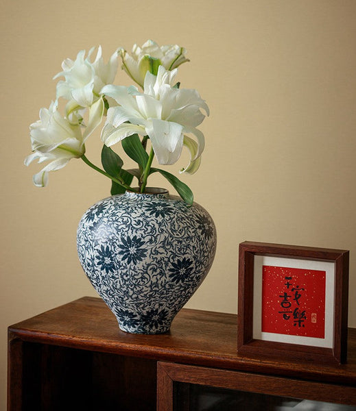 Centerpiece on Dining Table, Large Blue Flower Vase on Table, Vintage Bouquet Flower Vases, Handmade Porcelain Flower Vases Urn, Water Holding Flower Vases-HomePaintingDecor