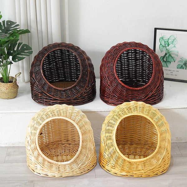 Hand woven Rattan Cat Bed, Natural Wicker Cat House Basket with Washable Cushion for Indoor Cats and Dogs-HomePaintingDecor