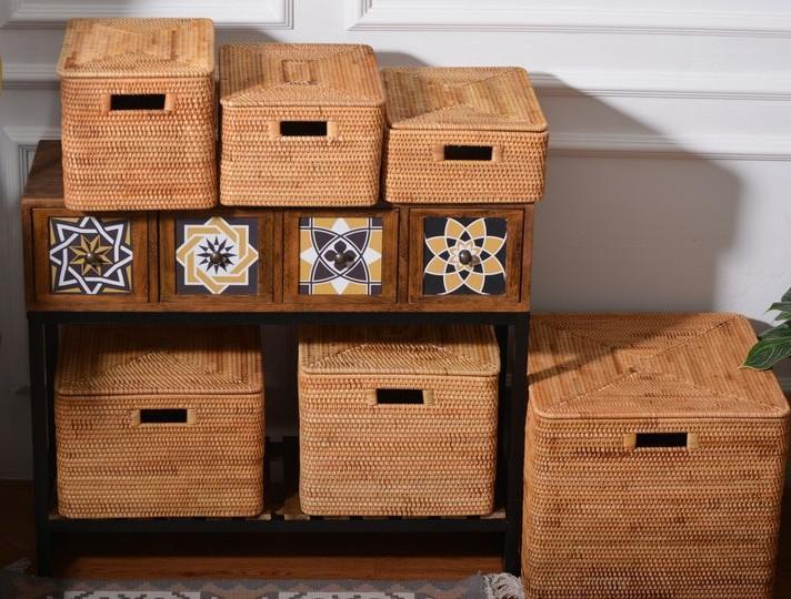 Rattan Storage Baskets For Clothes, Rectangular Storage Basket With Lid, Kitchen Organization Baskets, Living Room Storage