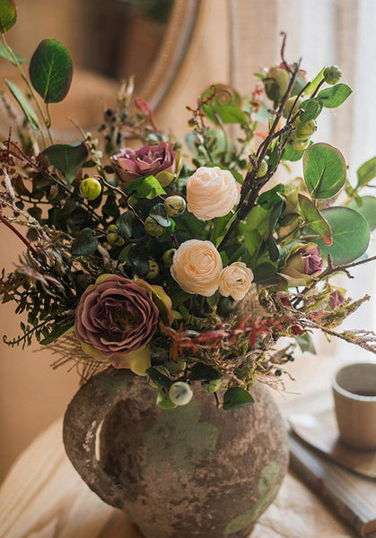 Eucalyptus leaves, Rose, Ranunculus Asiaticus Flowers, Beautiful Modern Flower Arrangement for Living Room, Ctreative Artificial Floral for Home Decoration-HomePaintingDecor