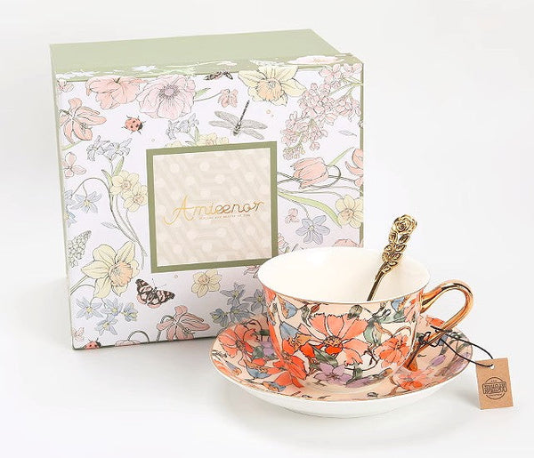 Elegant Ceramic Coffee Cups, Flower Porcelain Tea Cup Saucer Set, British Royal Ceramic Cups for Traditional Afternoon Tea, Unique Tea Cup and Saucer in Gift Box-HomePaintingDecor