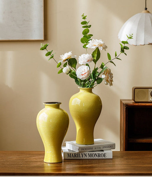 Handmade Water Holding Flower Vase, Yellow Flower Vases on Table, Ceramic Bud Vases, Porcelain Flower Vases-HomePaintingDecor