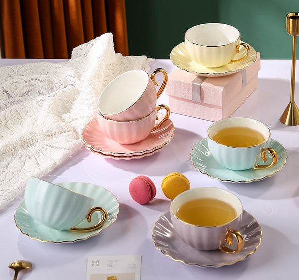 Handmade Beautiful British Tea Cups, Creative Porcelain Tea Cup Saucer Set of 2 Cups, Elegant Macaroon Ceramic Coffee Cups, 6.8 oz Tea Cup and Saucer in Gift Box as Birthday Gift-HomePaintingDecor