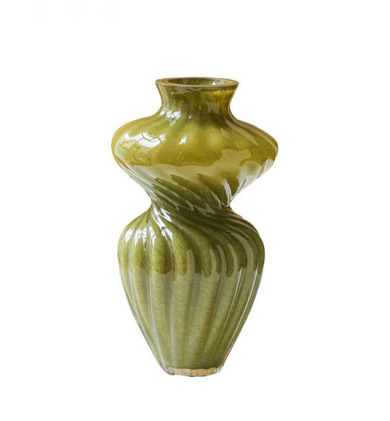 Unique Decorative Glass Vase, Centerpiece Vases on Table, Handmade Contemporary Glass Vases, Modern Green Vases for Living Room, Mid Century Vases for Flowers-HomePaintingDecor