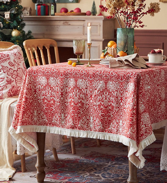 Large Fiberflax Rectangle Tablecloth for Home Decoration, Red Flower Pattern Tablecloth for Holiday Decoration, Square Tablecloth for Round Table-HomePaintingDecor