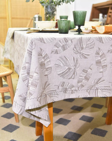 Monstera Leaf Modern Table Cloths for Kitchen, Simple Contemporary Grey Cotton Tablecloth, Large Rectangle Table Covers for Dining Room Table, Square Tablecloth for Round Table-HomePaintingDecor