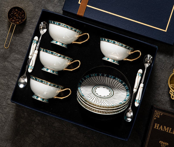Unique Tea Cup and Saucer in Gift Box, Elegant British Ceramic Coffee Cups, Bone China Porcelain Tea Cup Set for Office, Green Ceramic Cups-HomePaintingDecor