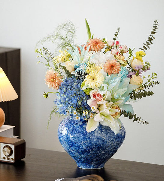 Handmade Water Holding Flower Vases, Centerpiece on Dining Table, Blue Pottery Bud Vases, Large Flower Vases on Table, Modern Pottery Flower Vases-HomePaintingDecor