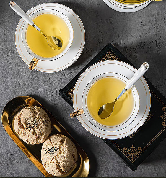 White Ceramic Cups, Elegant British Ceramic Coffee Cups, Porcelain Tea Cup Sucer Set, Unique Tea Cup and Saucer in Gift Box-HomePaintingDecor