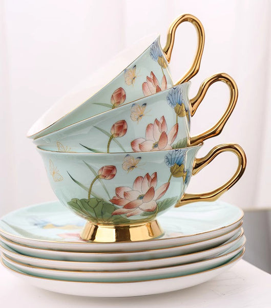 Lotus Flower Porcelain Tea Cup Saucer Set, Unique British Tea Cup and Saucer in Gift Box, Elegant British Ceramic Coffee Cups-HomePaintingDecor