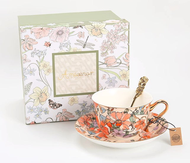 Elegant Ceramic Coffee Cups, Flower Bone China Porcelain Tea Cup Set, British Royal Ceramic Cups for Afternoon Tea, Unique Tea Cup and Saucer in Gift Box-HomePaintingDecor