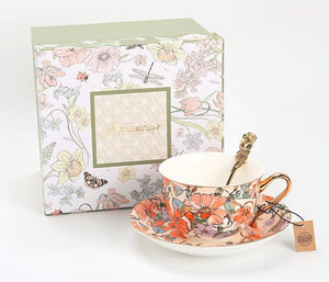 Elegant Ceramic Coffee Cups, Flower Bone China Porcelain Tea Cup Set, British Royal Ceramic Cups for Afternoon Tea, Unique Tea Cup and Saucer in Gift Box-HomePaintingDecor