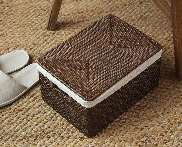Storage Baskets for Bathroom, Rectangular Storage Baskets, Storage Basket with Lid, Storage Baskets for Clothes, Large Brown Rattan Storage Baskets-HomePaintingDecor
