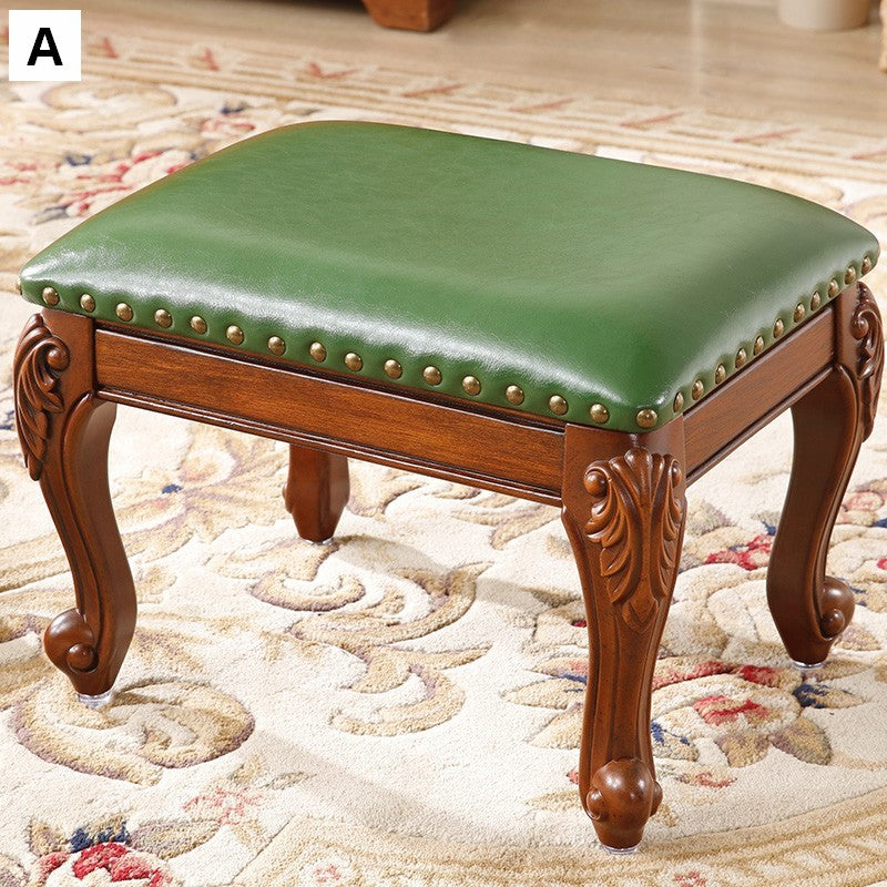 Genuine Leather Solid Wood Entry Bench, Vanity Stool, Solid Wood Ottoman, Rubberwood Entry Bench, Vintage Entry Stool-HomePaintingDecor