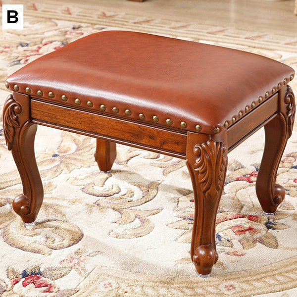 Genuine Leather Solid Wood Entry Bench, Vanity Stool, Solid Wood Ottoman, Rubberwood Entry Bench, Vintage Entry Stool-HomePaintingDecor