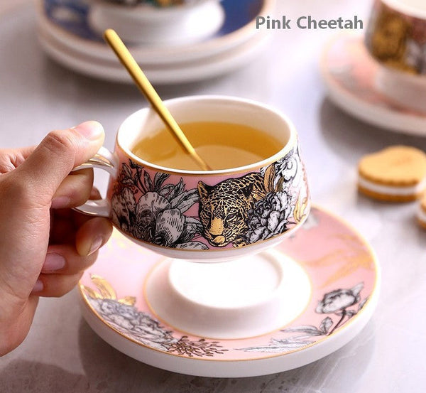 Jungle Tiger Cheetah Porcelain Tea Cups, Creative Ceramic Cup and Saucer, Unique Ceramic Coffee Cups with Gold Trim and Gift Box-HomePaintingDecor