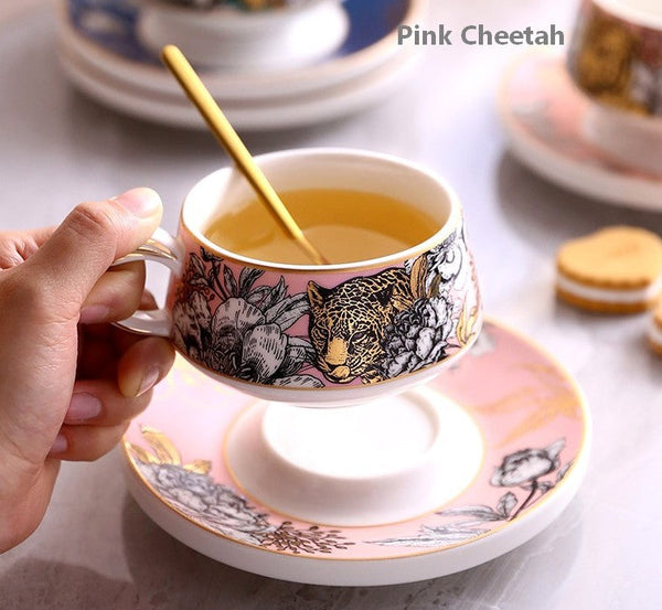 Unique Ceramic Cups with Gold Trim and Gift Box, Creative Ceramic Tea Cup and Saucer, Jungle Tiger Cheetah Porcelain Coffee Cups-HomePaintingDecor