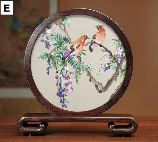 Premium Souvenir, Creative Birthday Gift, Elegant Silk Embroidery Ornaments, Traditional Chinese Suzhou Flower and Birds Silk Embroidery, Exclusive Business Presents-HomePaintingDecor